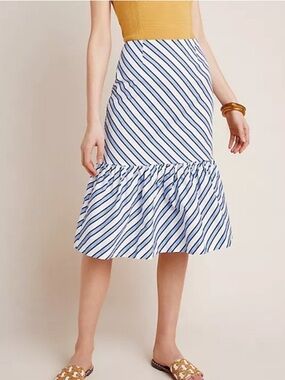 NWT Anthropologie Maeve Ryanne Flounced Midi Skirt Blue White Striped sz 10